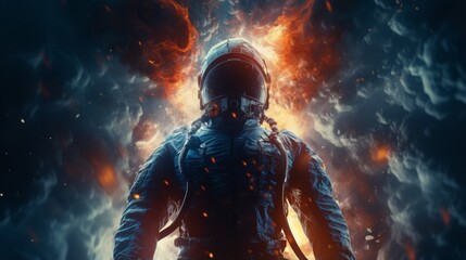 A man in a space suit standing in front of a fire