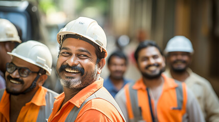 Group of happy cheerful Indian engineers or construction workers at construction site. Man smiling with workers in white construction industry.

