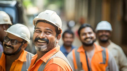 Poster Group of happy cheerful Indian engineers or construction workers at construction site. Man smiling with workers in white construction industry.   © BlazingDesigns