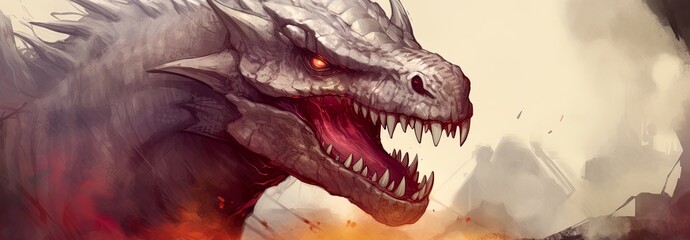 Close-up view of a dragon's visage, with menacing eyes and sharp teeth. Formidable and perilous creature. Artwork suitable for use in board games and tabletop fantasy games. Copy space.