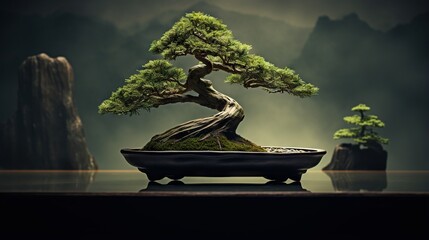  a bonsai tree in a black bowl on a table.  generative ai