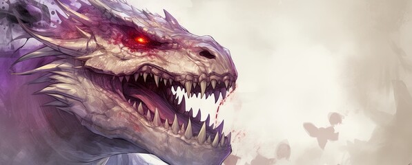 Obraz premium Close-up view of a dragon's visage, with menacing eyes and sharp teeth. Formidable and perilous creature. Artwork suitable for use in board games and tabletop fantasy games. Copy space.