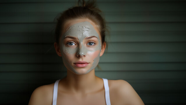 Hübsches Gesicht einer Frau mit kosmetischer Gesichtsmaske Schlamm Farben blickt in die Kamera Querformat, ai generativ