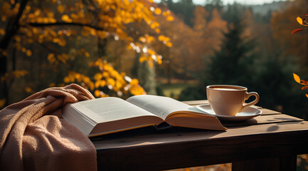an open book and white coffee cup on the table, forest view autumn 