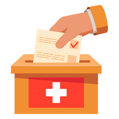 Elections to the Switzerland parliament. Election of the President of Switzerland.Flag of Switzerland.Hand voting ballot box icon.Hand putting paper in the ballot box.Vote icon.Voting concept.