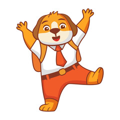 Cartoon dog going to school.A joyful cute tiger jumping cub in a school uniform with bag .A dog schoolboy with books.Line art vector illustration.Isolated on white background.Dog reading a book.