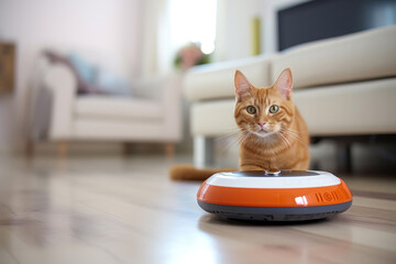 Vacuum hoover cleaning machine robot on schedule in a living room with cute kitty. Smart home concept
