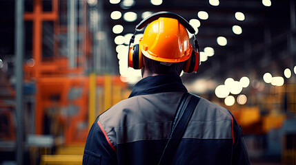 Worker wearing safety headphones indoors, back view. 