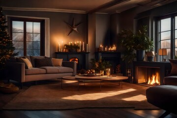 A cozy living room with soft, warm lights and a crackling fireplace