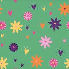 multi-colored flowers and hearts on a green background, children's seamless pattern, textile print for fabric and wrapping paper