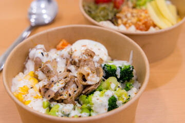 Pork and vegetable rice poke bowl