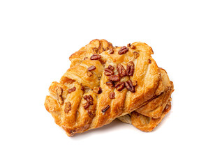 Maple Pecan Puff Pastry Isolated, Danish Plaits Pastries with Maple Syrup and Pecan Nuts, Breakfast Bakery