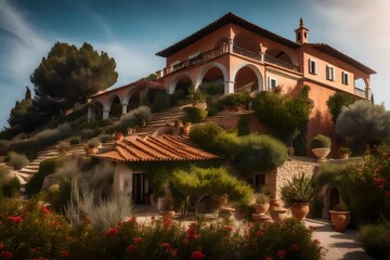 Fototapeta na wymiar A hilltop villa with a terracotta roof and a Mediterranean garden