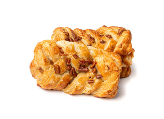 Maple Pecan Puff Pastry Isolated, Danish Plaits Pastries with Maple Syrup and Pecan Nuts, Breakfast Bakery
