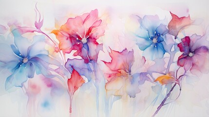  a painting of flowers painted on a white background with blue and pink colors.  generative ai