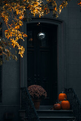 halloween pumpkins in front at door 