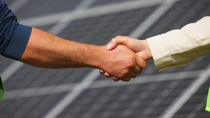 Close up of handshake on solar panel background outside. Female engineer shakes hands with partner...