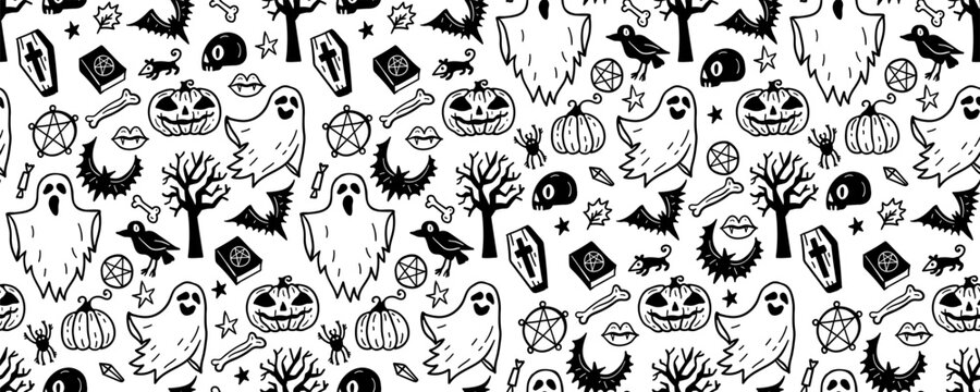 Monochrome seamless pattern of cute Halloween hand drawn doodle. Vector illustration Black and white background with ghost, tree, bat, spell book, coffin, raven, pumpkin, bone, spider