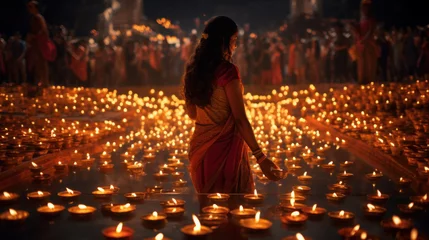 Foto op Canvas Indian woman lights fire at Diwali Festival of Lights, Hindu, Indian © EmmaStock