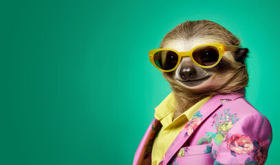 Cool looking sloth wearing funky fashion dress - jacket, shirt, glasses. Wide banner with space for text at side. Stylish animal posing as supermodel. Generative AI - obrazy, fototapety, plakaty