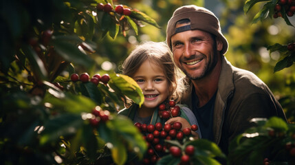 Father and daughter in coffee cherry that is densely packed with coffee trees
