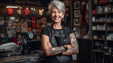 Fototapeta na wymiar Senior woman tattoo artist wearing gloves in a tattoo shop