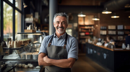 Small business owner smiles happily - obrazy, fototapety, plakaty