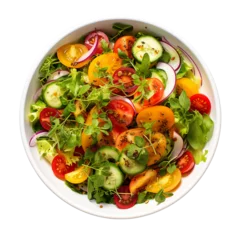 Gordijnen Green salad with fresh vegetables isolated, top view. © Lusi_mila
