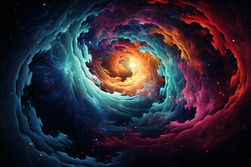 A surreal scene of a cosmic vortex, with swirling colors and distorted shapes, representing the warping of space-time Generative AI