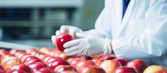 Apple fruit production quality control by technologist in food processing plant With copyspace for text