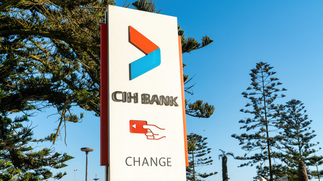 CIH bank directional signage. CIH Bank (Credit Immobilier et Hotelier) is a prominent banking institution in Morocco
