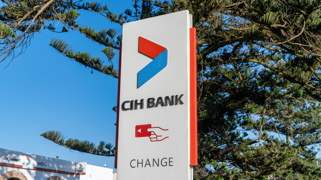 Fes, Morocco - 17 September 2022; CIH bank directional signage. CIH Bank (Credit Immobilier et Hotelier) is a prominent banking institution in Morocco