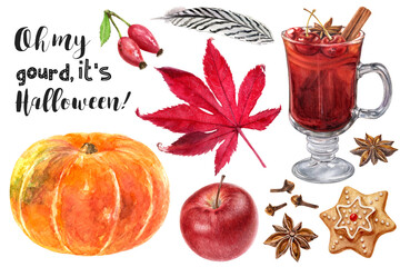 Watercolor illustration of mulled wine, pumpkin, leaves and desserts close up. A hand-drawn Halloween autumn set.