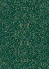 Hand-drawn unique abstract symmetrical seamless gold ornament and splatters of golden glitter on a dark cold green background. Paper texture. Digital artwork, A4. (pattern: p10-2e)
