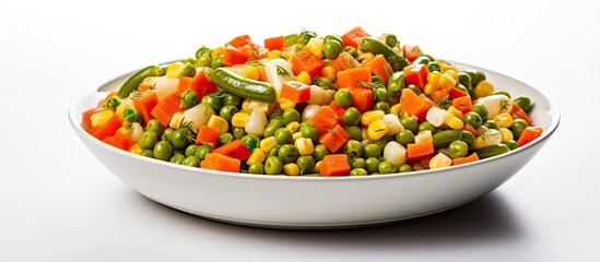 Steamed mixed vegetables with peas corn and carrots all healthy With copyspace for text