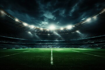 universal grass stadium illuminated by spotlights and empty green grass playground, grand sport...