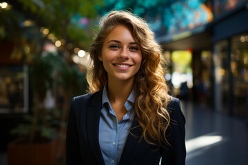 A professional woman smiling confidently in a business setting. A woman in a business suit smiling at the camera