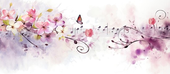 Cherry blossom background music notes pastel watercolor - obrazy, fototapety, plakaty