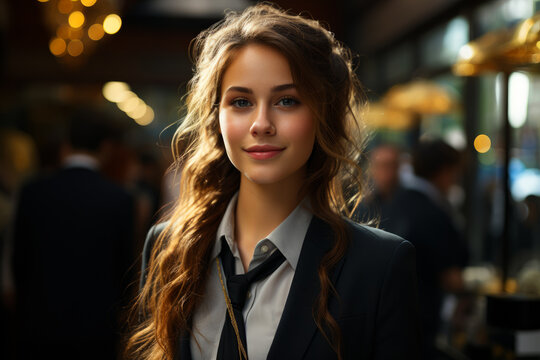 A woman with long hair in a suit and tie. A woman with long hair wearing a suit and tie