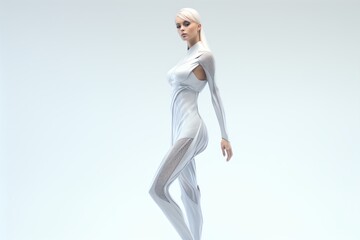 Fototapeta na wymiar A futuristic android woman robot with white hair wearing a silver technologically advanced outfit