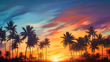 Fototapeta na wymiar A painting of a sunset with palm trees