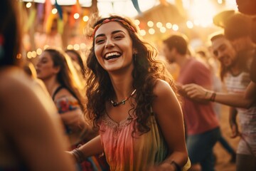A cute woman dancing in a music festival wearing a bohemian outfit