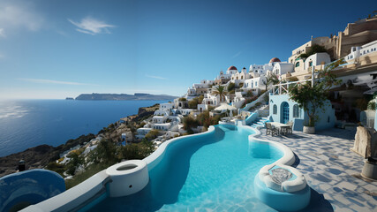 Fototapeta premium Atemberaubende Landschaft mit weißer abstrakter Architektur und Pool in Griechenland in Querformat für Banner, ai generativ