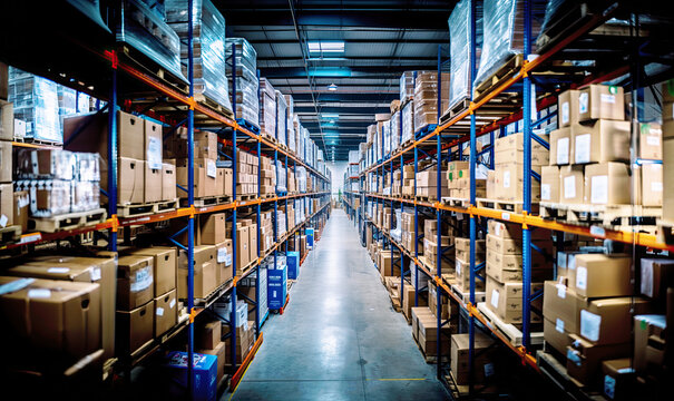 A large warehouse with numerous items. Rows of shelves with boxes. Logistics. Inventory control, order fulfillment or space optimization. Advertising, marketing or presentation	
