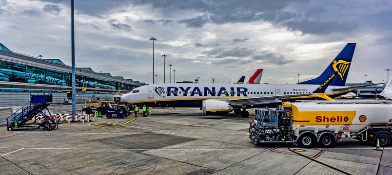 A Ryanair Jet on the tarmac in Dublin Airport, Ireland.
