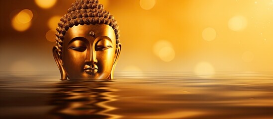 Golden Buddha head floats on water with shining light and a golden background - obrazy, fototapety, plakaty