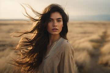 Portrait photo of a beautiful woman in a field with her hair blowing in the wind