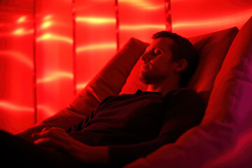 Man Under Intense Red Light Therapy - obrazy, fototapety, plakaty