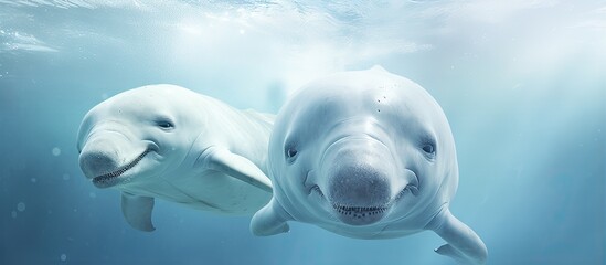 Pair of white beluga whales swimming With copyspace for text
