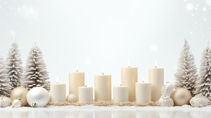 white candles nestled among green fir branches, accented with subtle Christmas decorations. elegant arrangement against a clean white background, leaving plenty of room for adding your holiday message